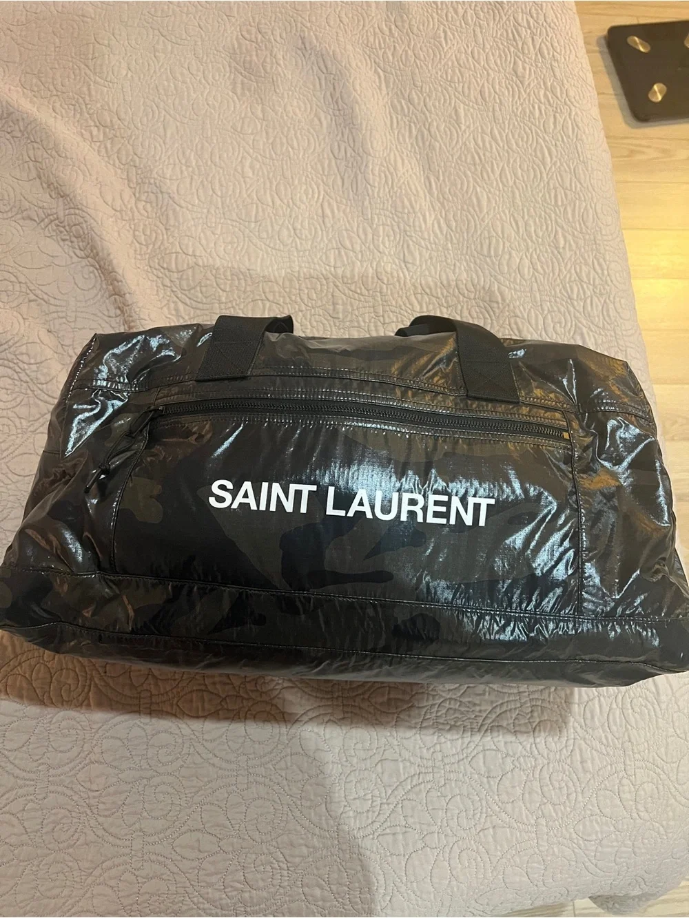 Saint Laurent Black Camouflage Duffel with White Logo